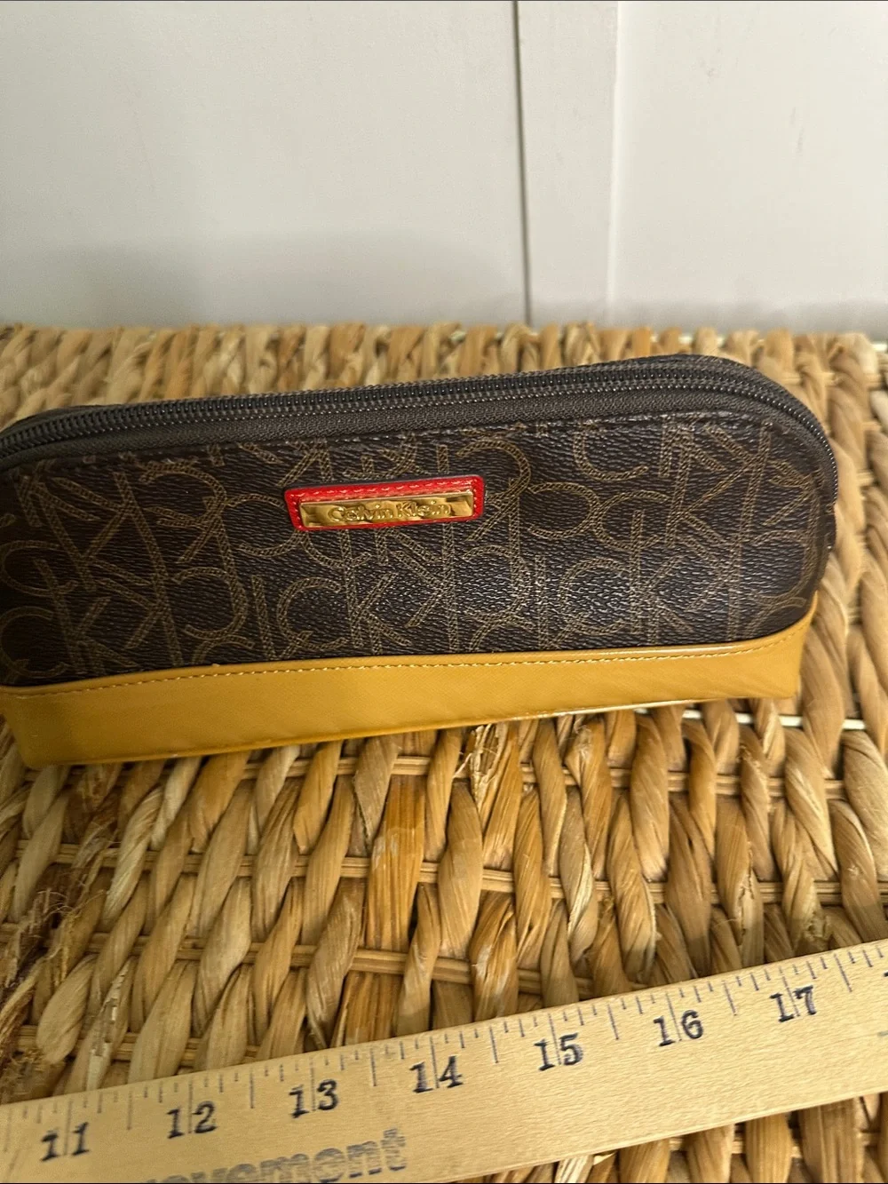 Calvin Klein Brown Monogram Cosmetic Pouch with Mustard Tri